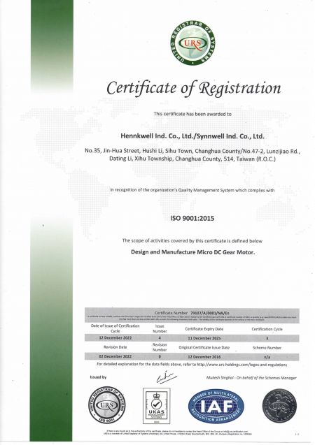 Seguiamo rigorosamente la norma ISO9001:2015 per garantire la qualità dei nostri motoriduttori CC.